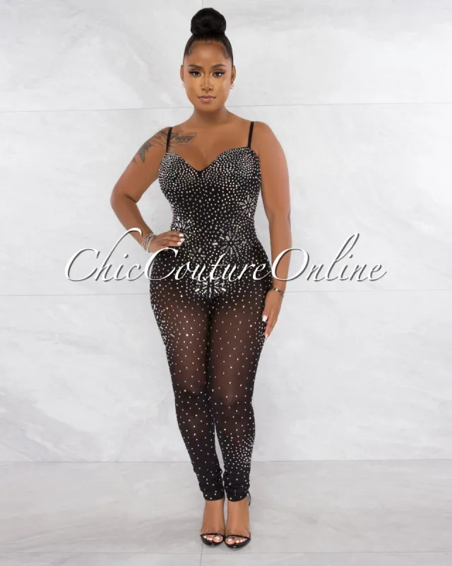*Ontario Silver Black Rhinestones Sheer Bodysuit Jumpsuit sold by Chic Couture