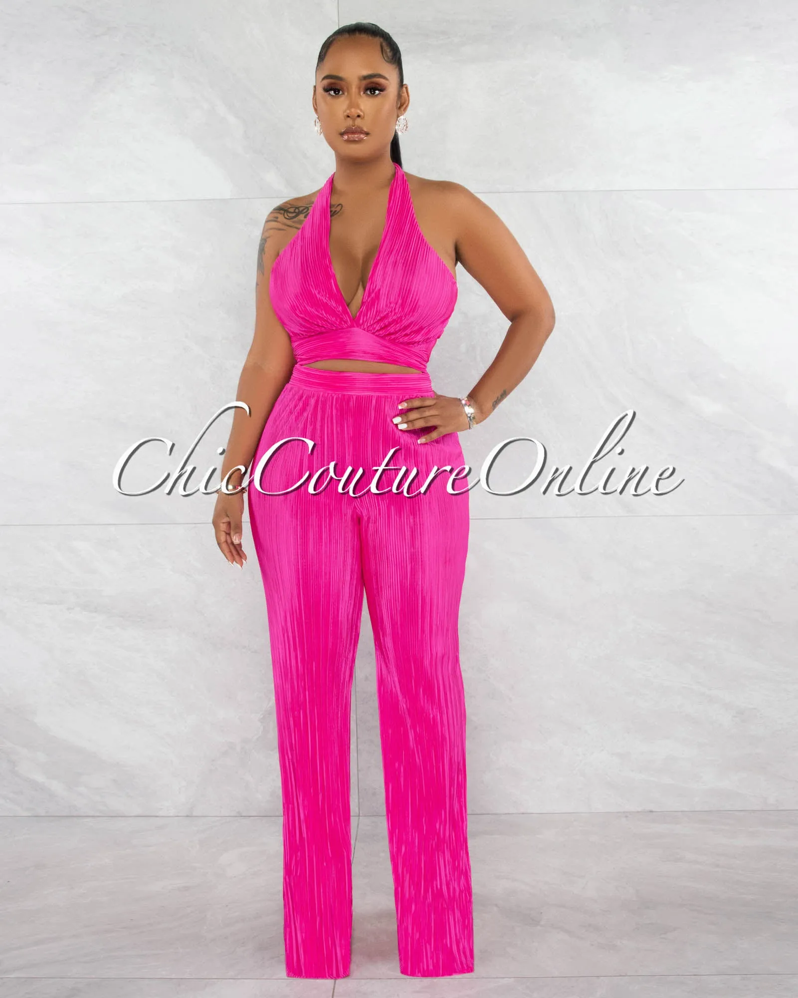 *Drexel Fuchsia Ribbed Crop Top & Wide Pants Set sold by Chic Couture product image thumbnail 2