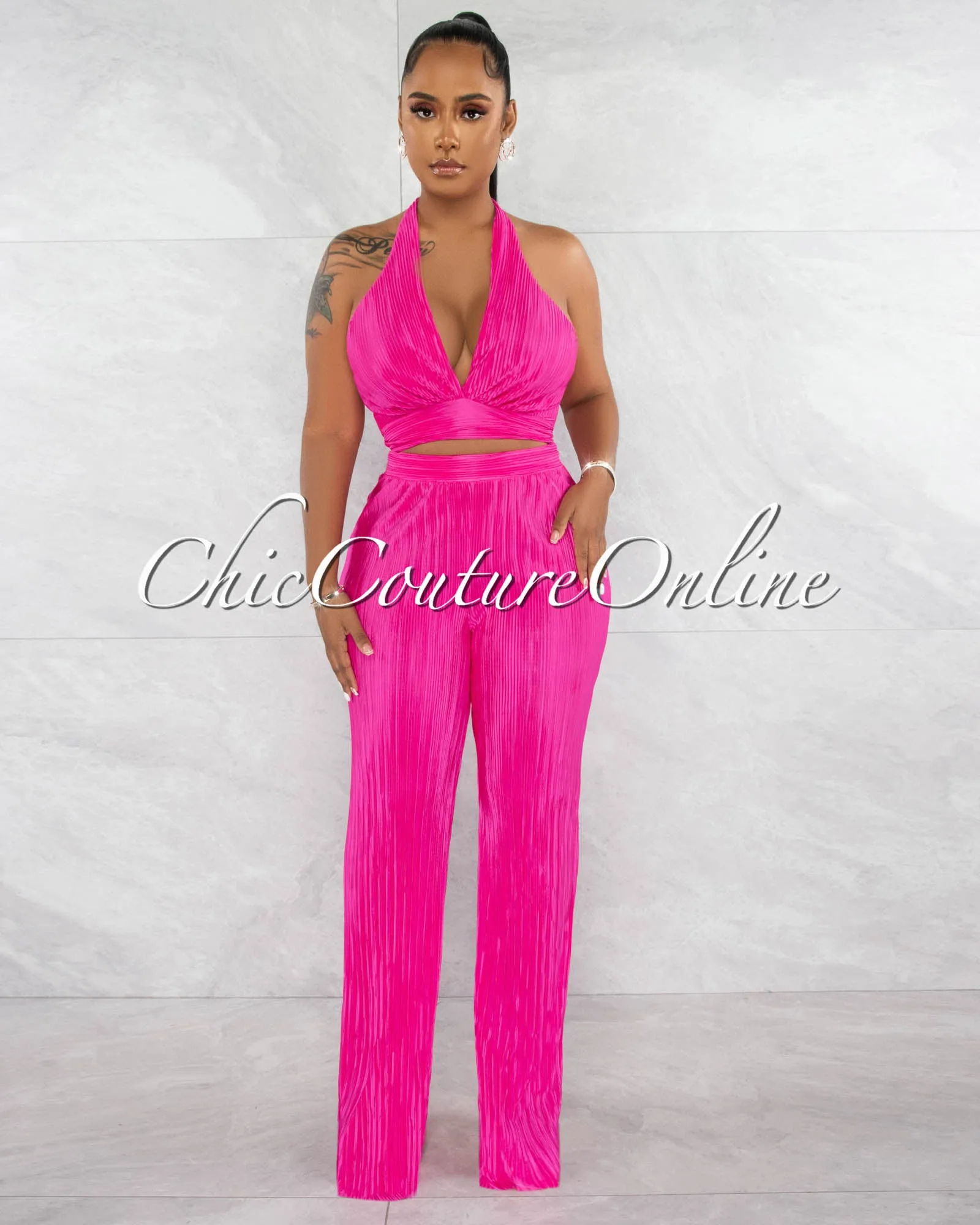 *Drexel Fuchsia Ribbed Crop Top & Wide Pants Set sold by Chic Couture
