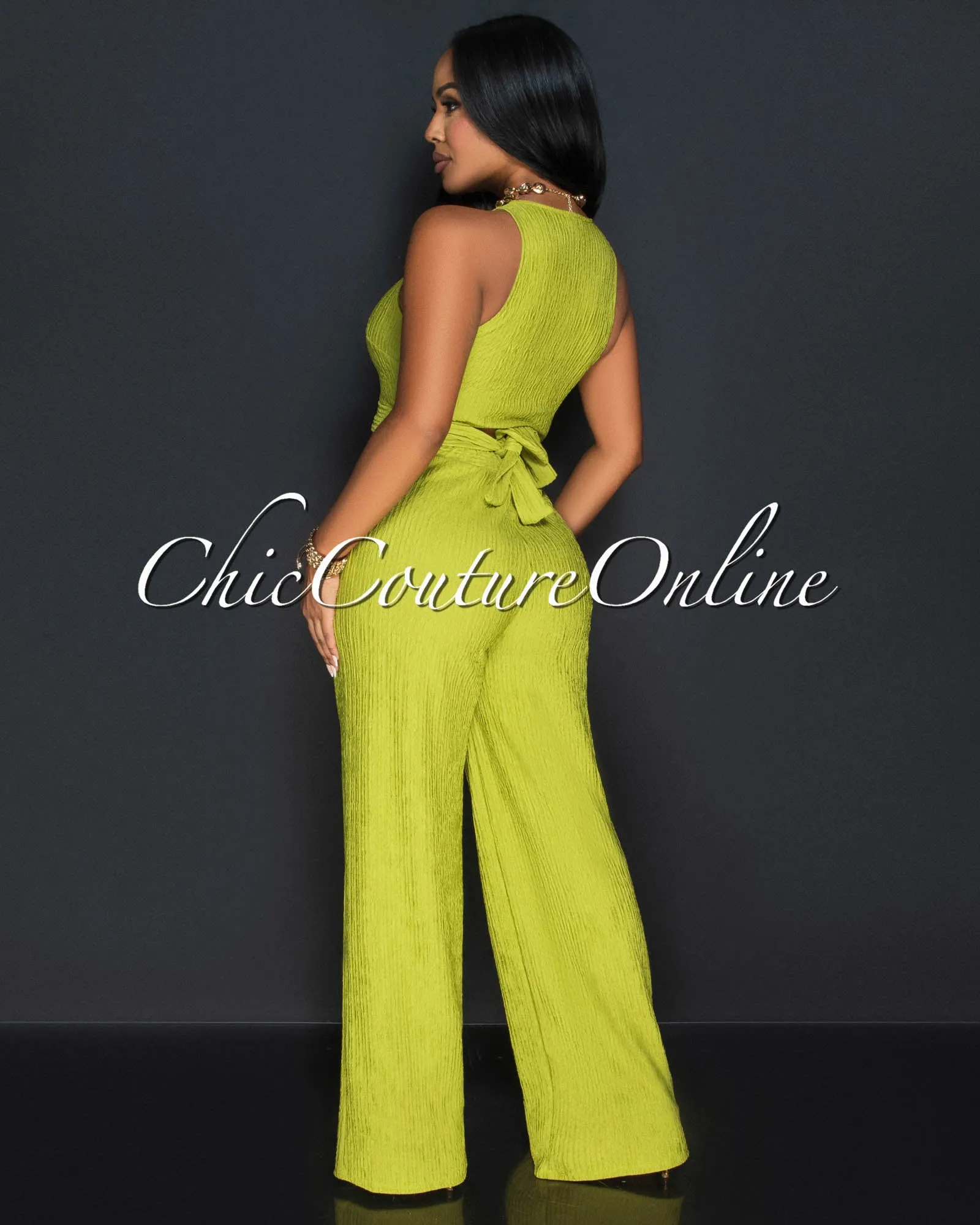 *Rohana Lime Crop Top & Wide Pants Textured Set sold by Chic Couture product image thumbnail 3