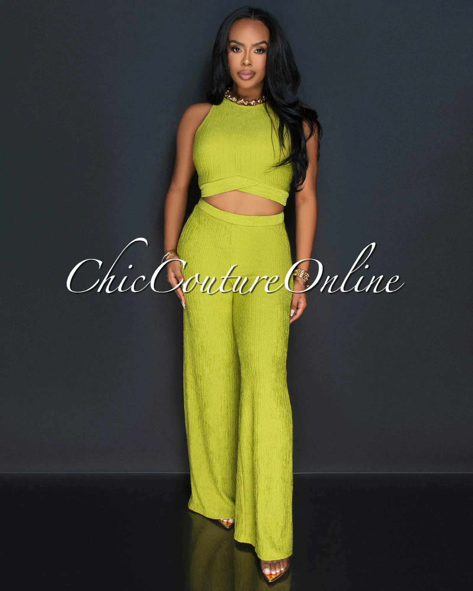 *Rohana Lime Crop Top & Wide Pants Textured Set sold by Chic Couture