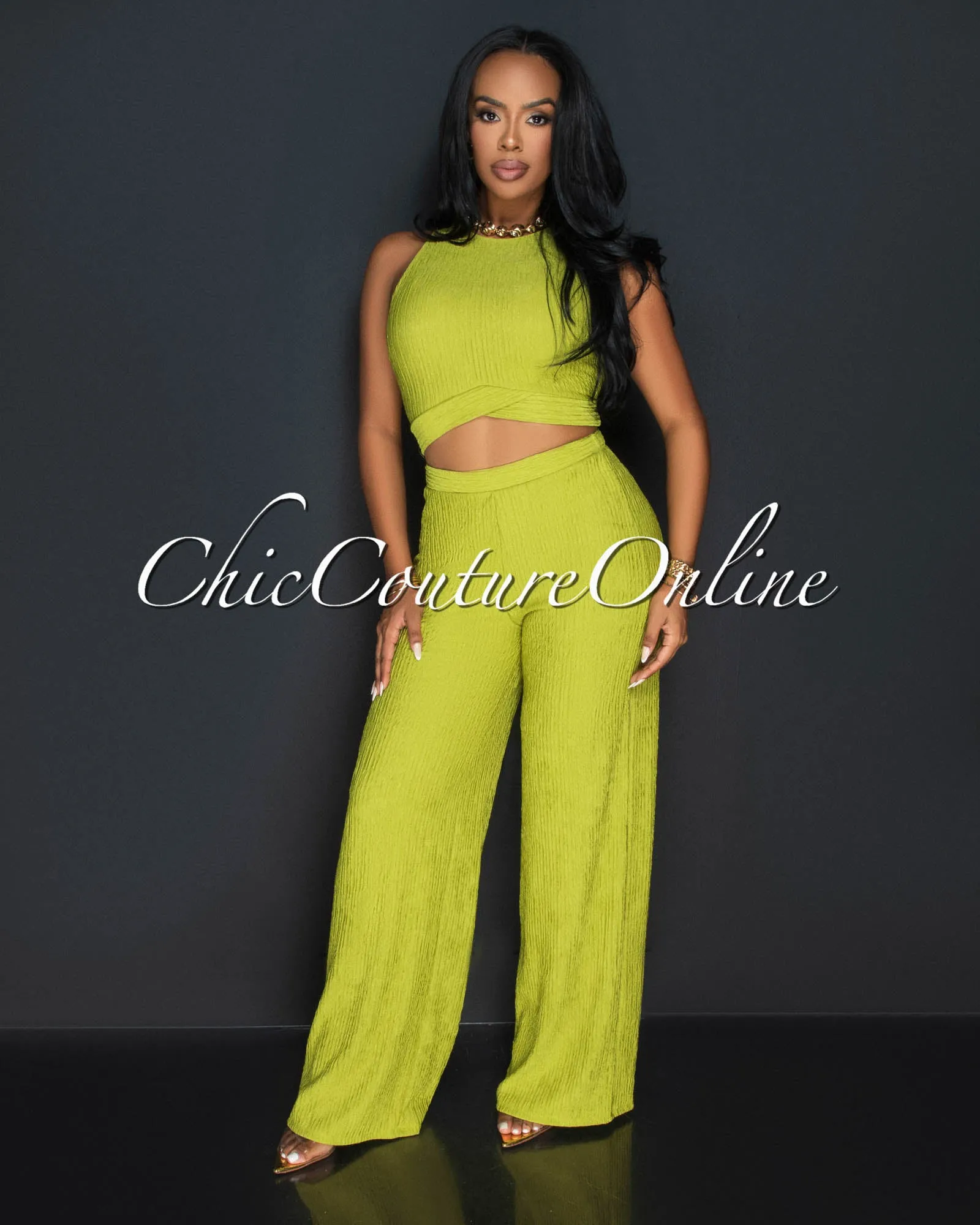 *Rohana Lime Crop Top & Wide Pants Textured Set sold by Chic Couture product image thumbnail 2