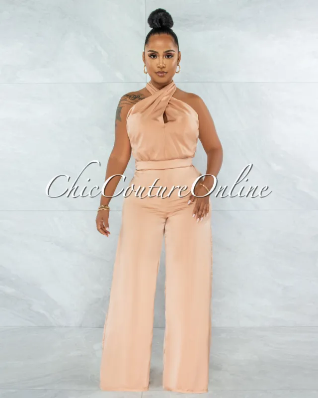 *Byford Peach Halter Pleated Satin Jumpsuit sold by Chic Couture