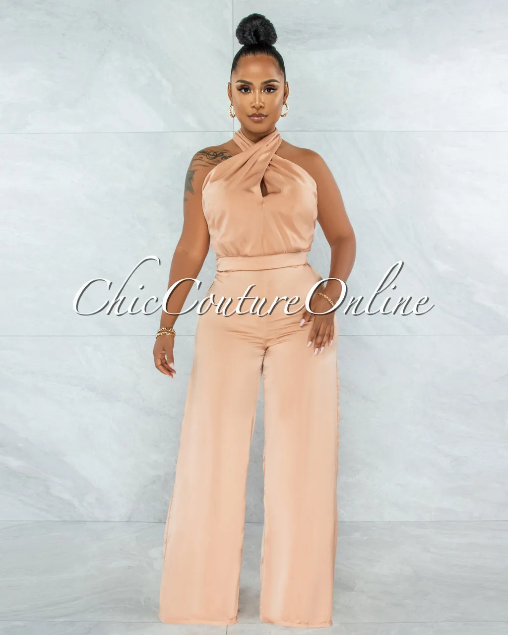 *Byford Peach Halter Pleated Satin Jumpsuit sold by Chic Couture