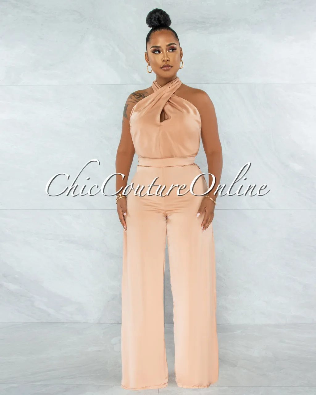*Byford Peach Halter Pleated Satin Jumpsuit sold by Chic Couture product image thumbnail 2