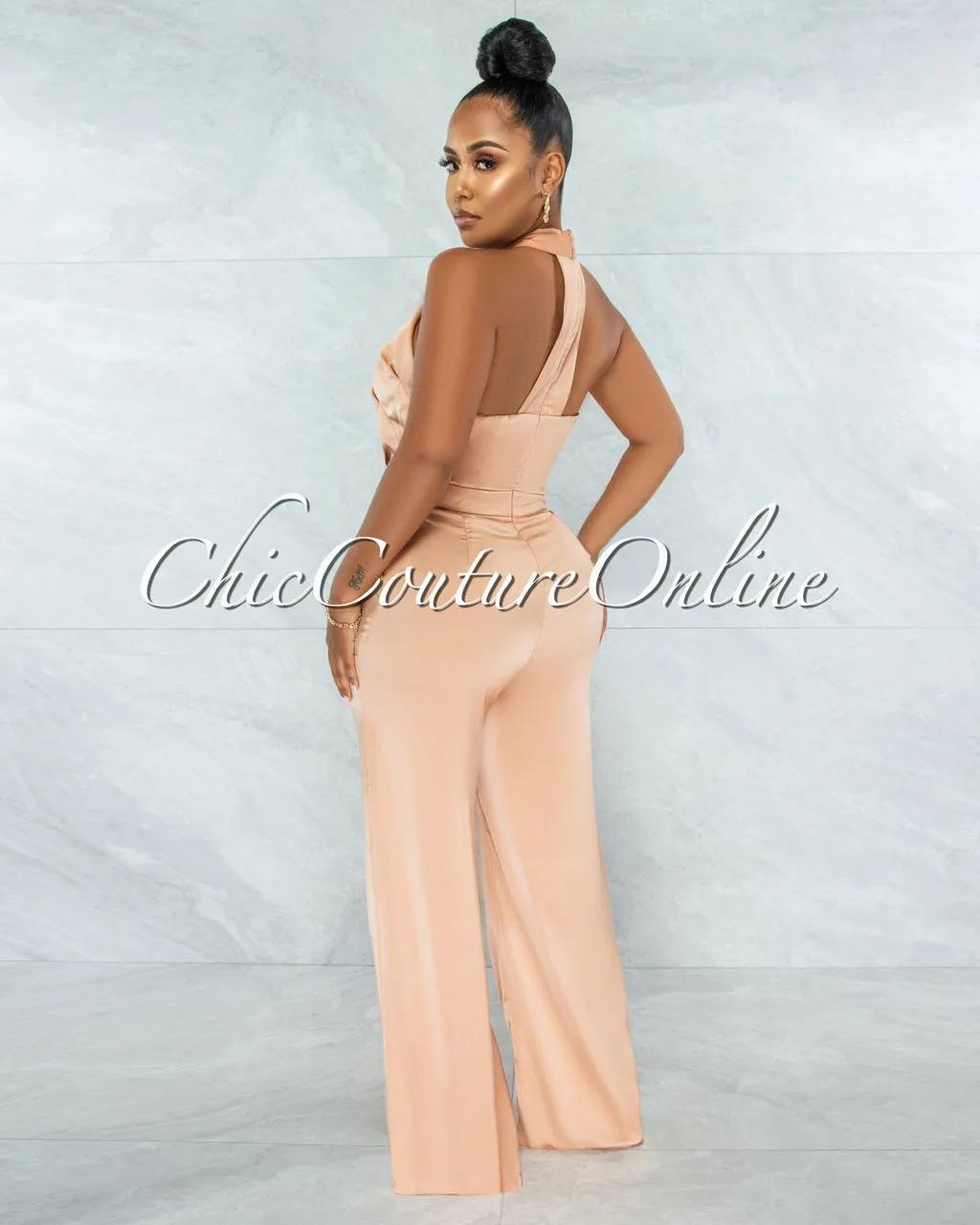 *Byford Peach Halter Pleated Satin Jumpsuit sold by Chic Couture product image thumbnail 3