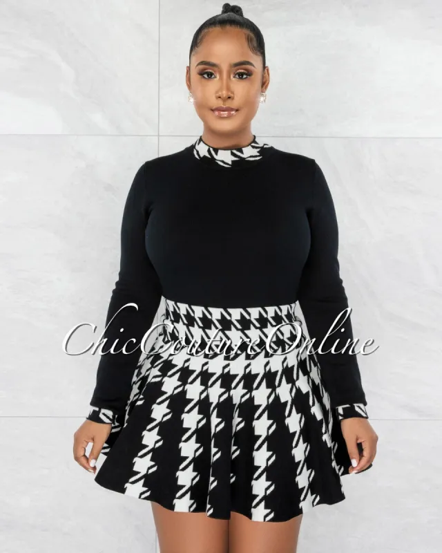 *Jeniva Black White Houndstooth Print Knit Two Piece Skirt Set sold by Chic Couture