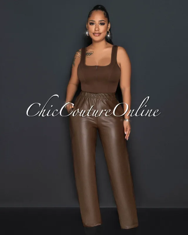 Chander Brown Bodysuit & Vegan Leather Pants Set sold by Chic Couture