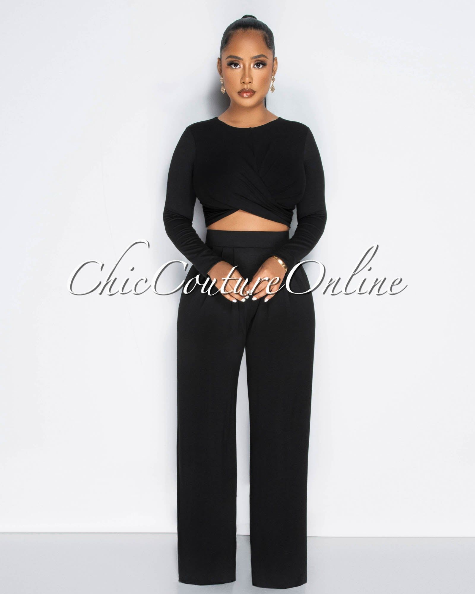 Marquise Black Crop Top & Wide Leg Pants Set sold by Chic Couture product image thumbnail 2
