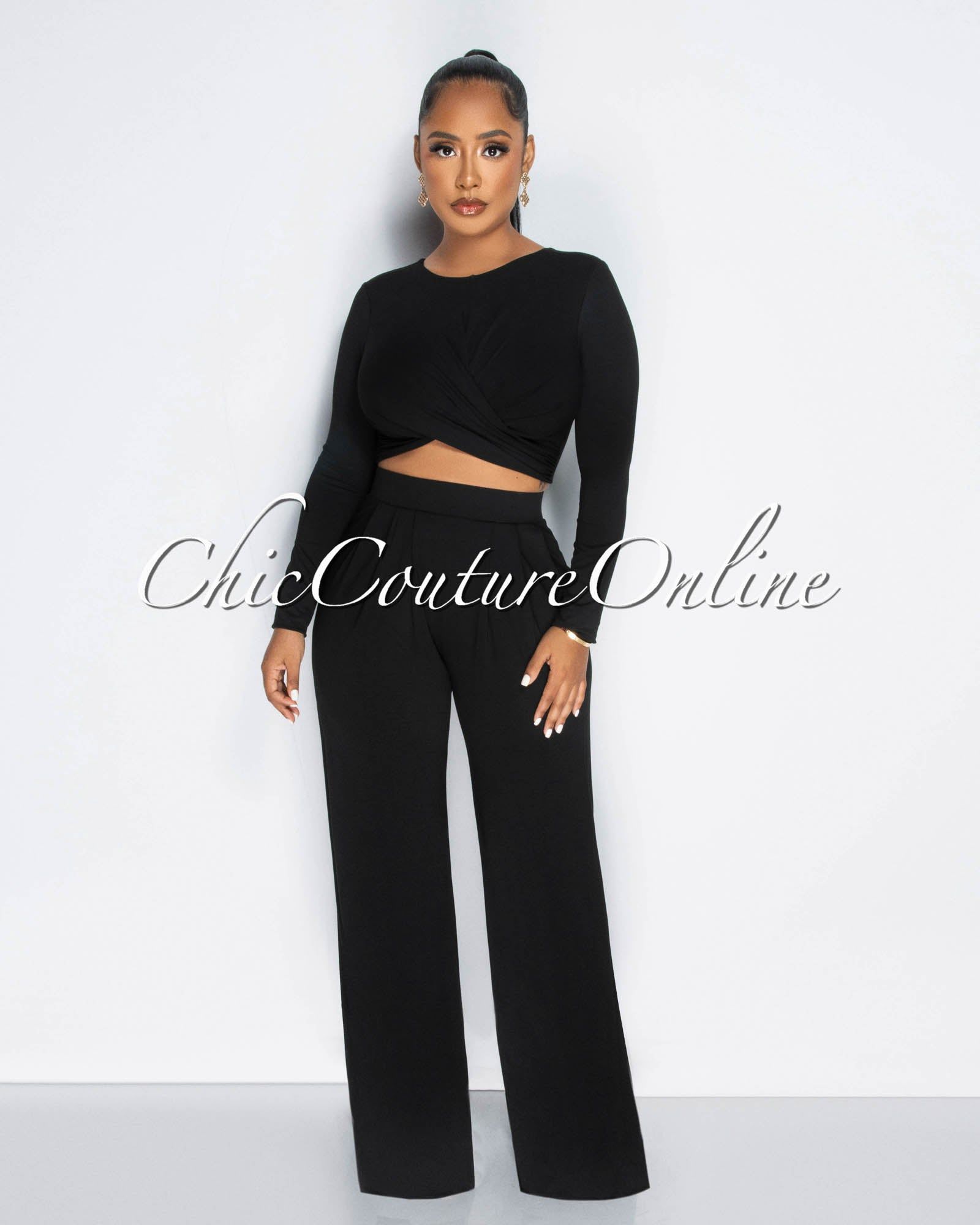 Marquise Black Crop Top & Wide Leg Pants Set sold by Chic Couture