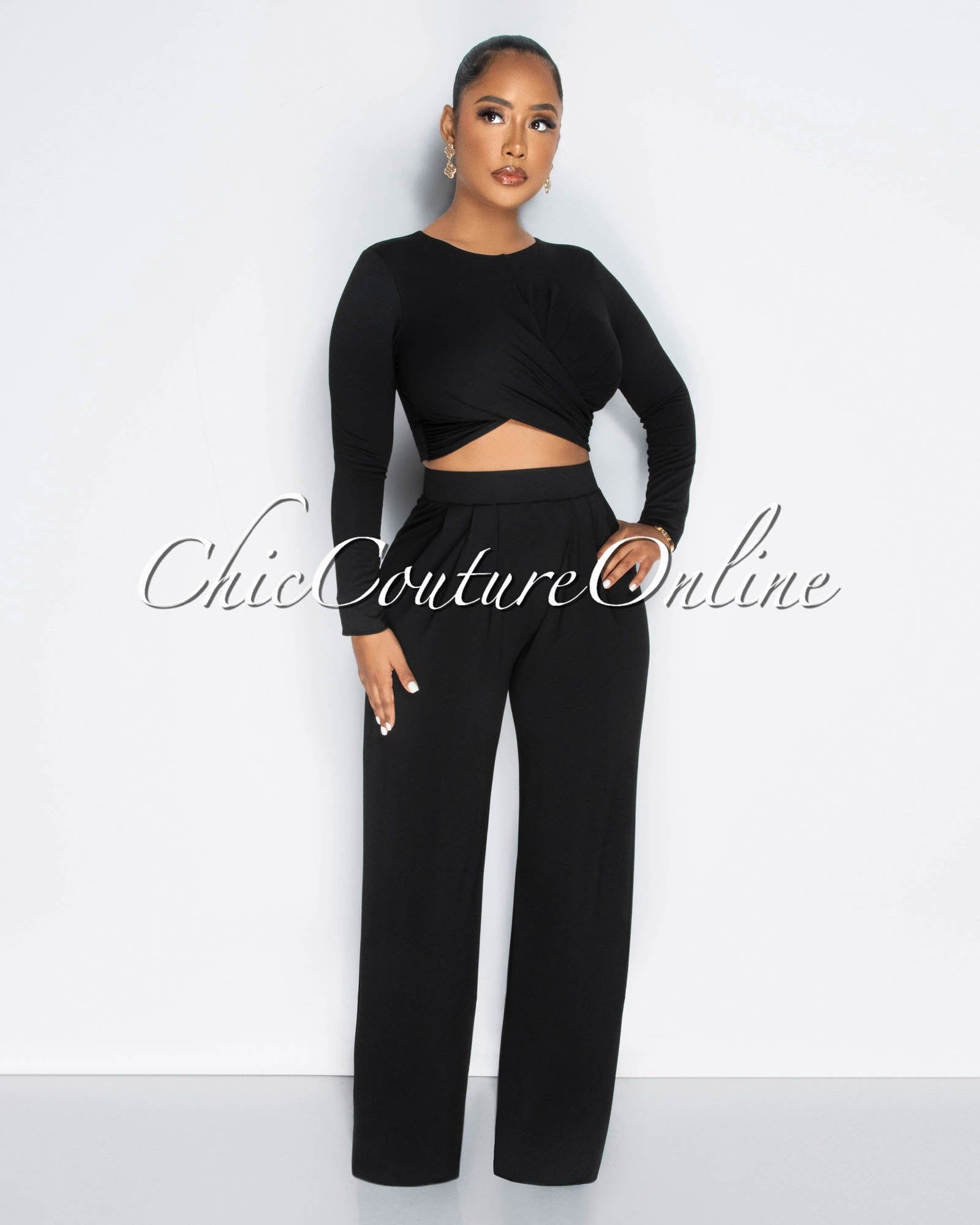 Marquise Black Crop Top & Wide Leg Pants Set sold by Chic Couture product image thumbnail 3