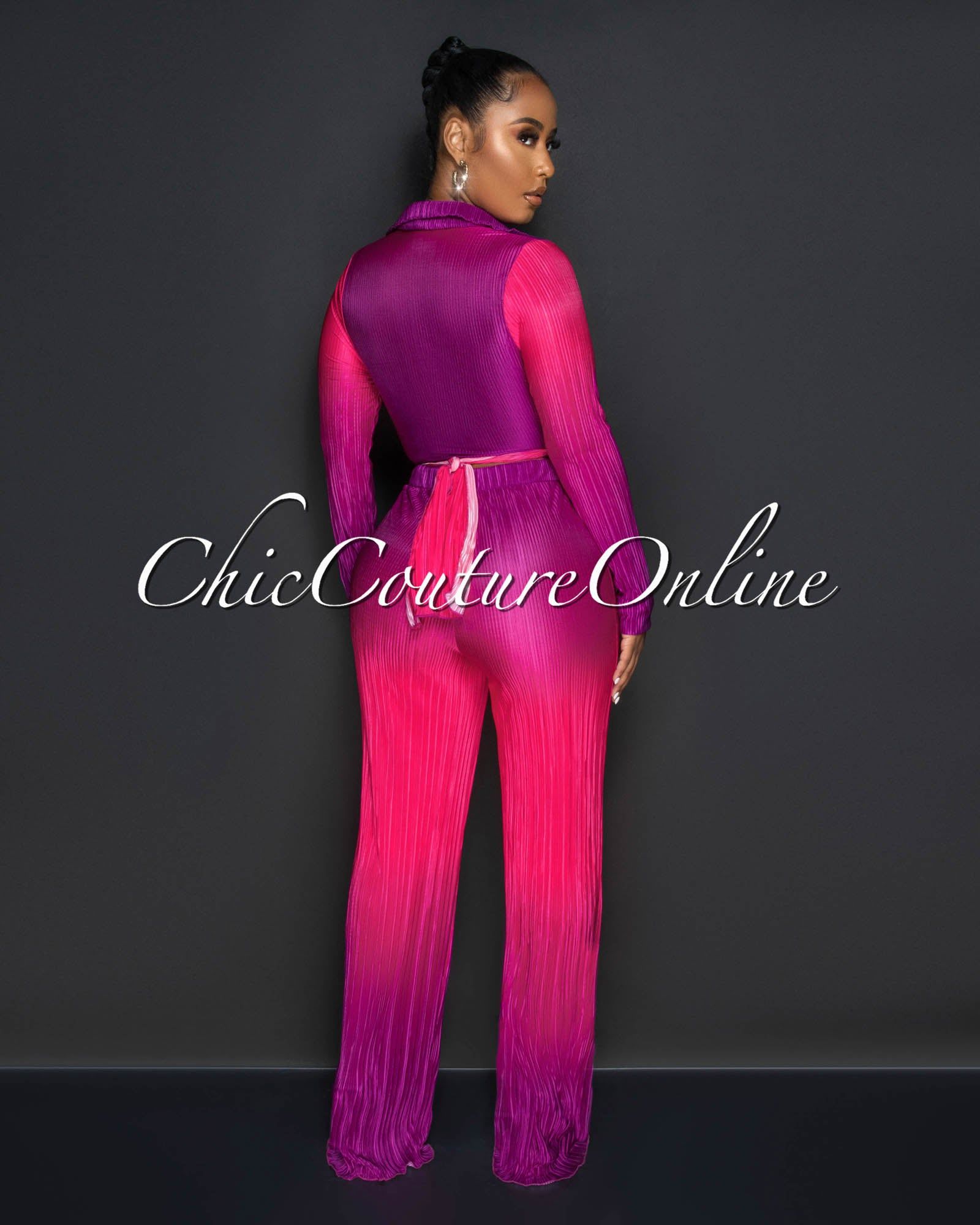 Sonia Magenta Ombre Ribbed Crop Top & Wide Pants Set sold by Chic Couture product image thumbnail 3