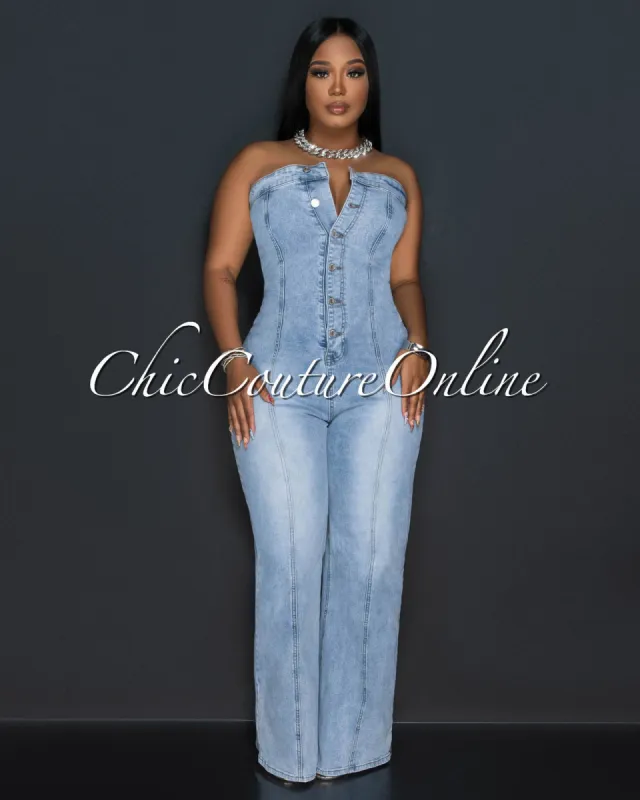 Roselle Light Denim Buttoned Strapless Jumpsuit sold by Chic Couture
