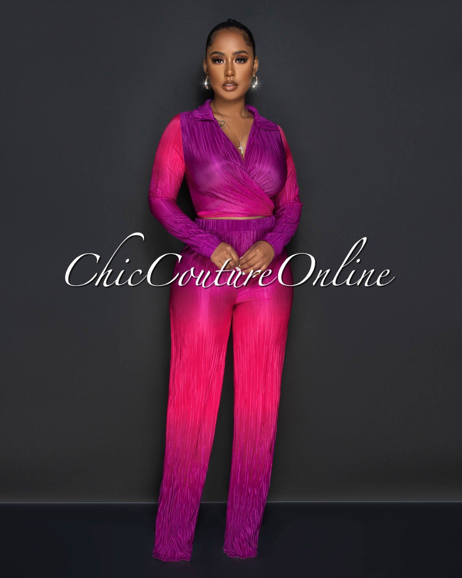 Sonia Magenta Ombre Ribbed Crop Top & Wide Pants Set sold by Chic Couture product image thumbnail 2