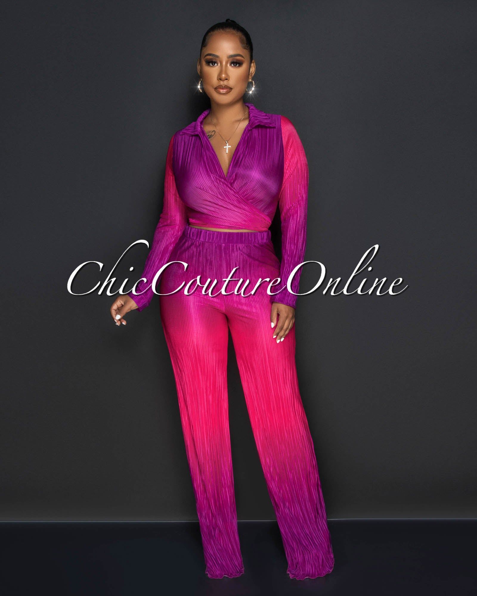 Sonia Magenta Ombre Ribbed Crop Top & Wide Pants Set sold by Chic Couture