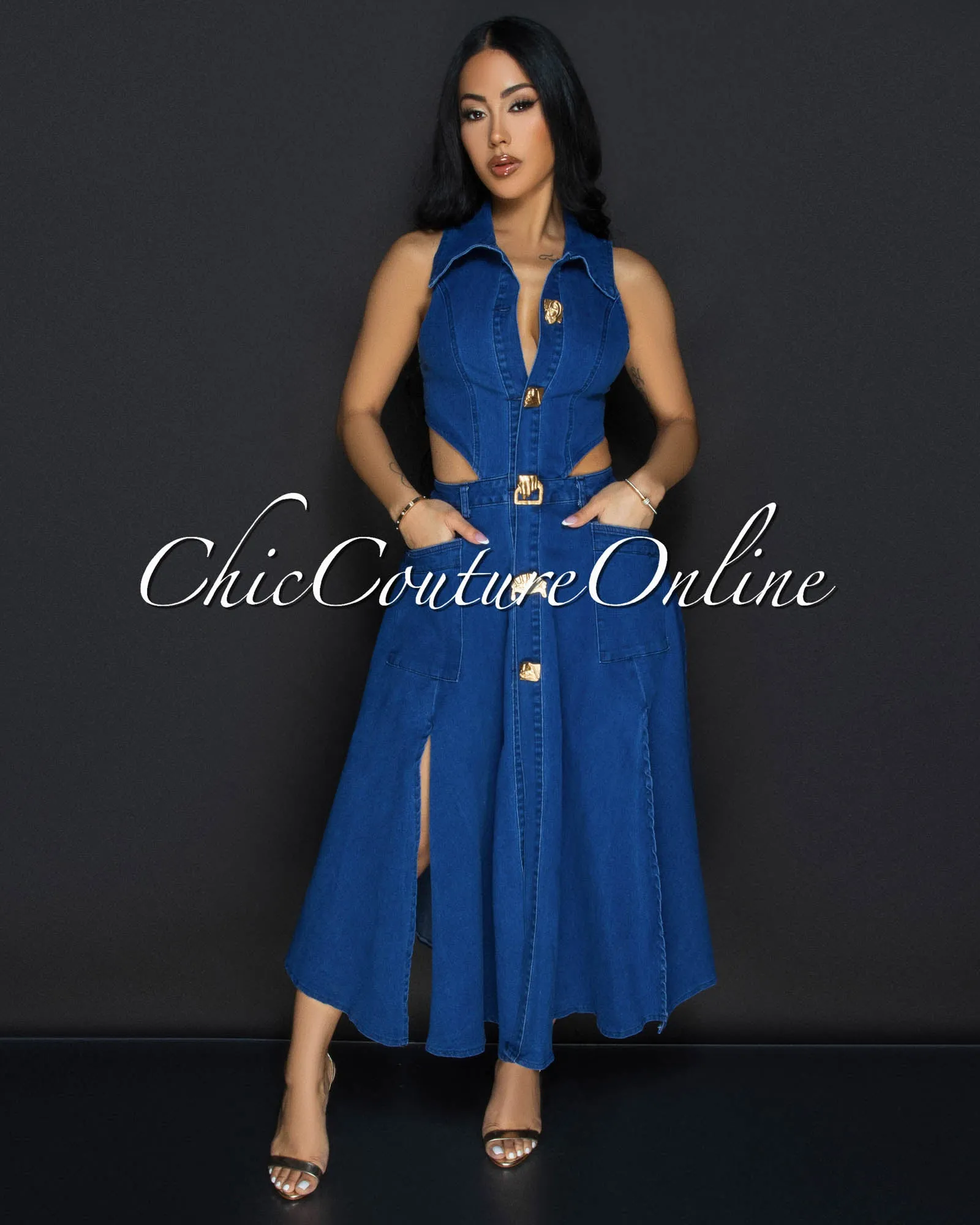 Faradia Dark Denim Gold Buttons Midi Dress sold by Chic Couture product image thumbnail 2