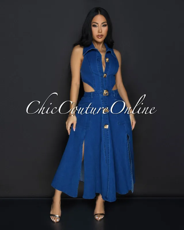 Faradia Dark Denim Gold Buttons Midi Dress sold by Chic Couture