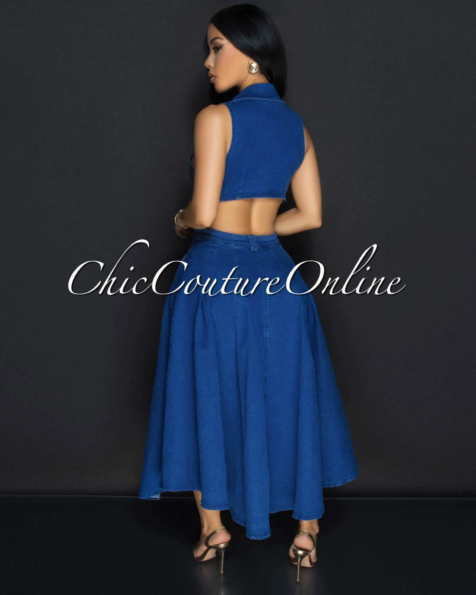 Faradia Dark Denim Gold Buttons Midi Dress sold by Chic Couture product image thumbnail 4