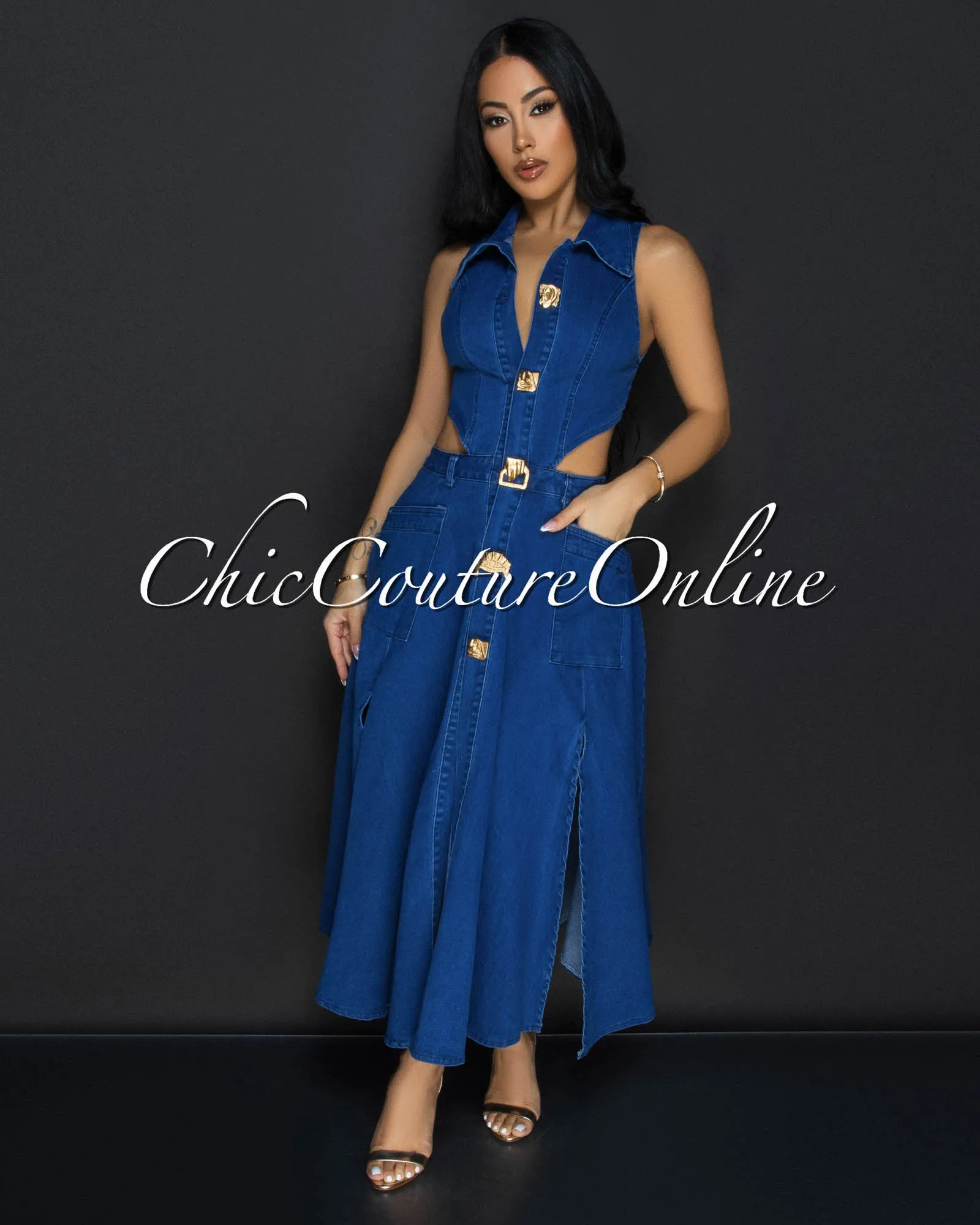 Faradia Dark Denim Gold Buttons Midi Dress sold by Chic Couture product image thumbnail 3