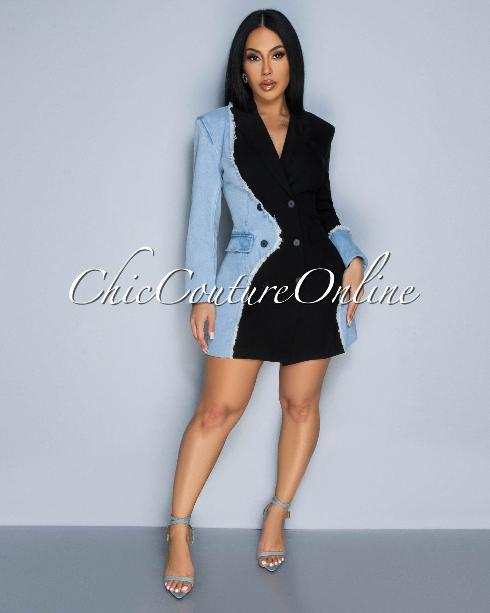 Tandra Black Denim Patched Frayed Accent Blazer Dress sold by Chic Couture product image thumbnail 2