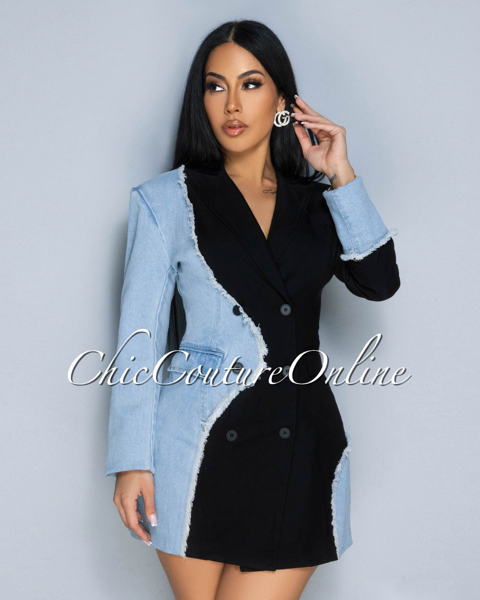 Tandra Black Denim Patched Frayed Accent Blazer Dress sold by Chic Couture product image thumbnail 4