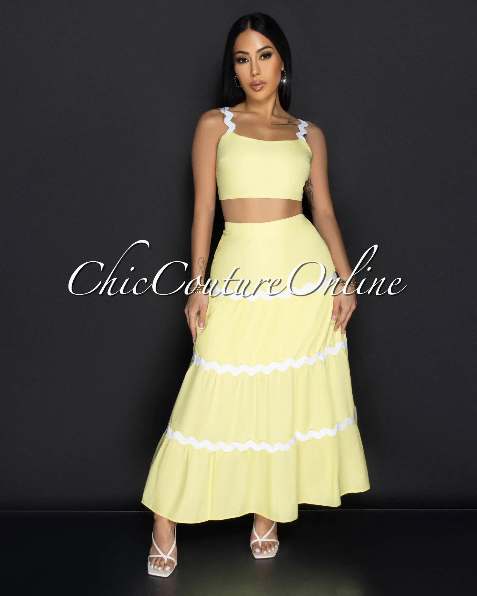 Zola Yellow White Trimming Two Piece Set sold by Chic Couture