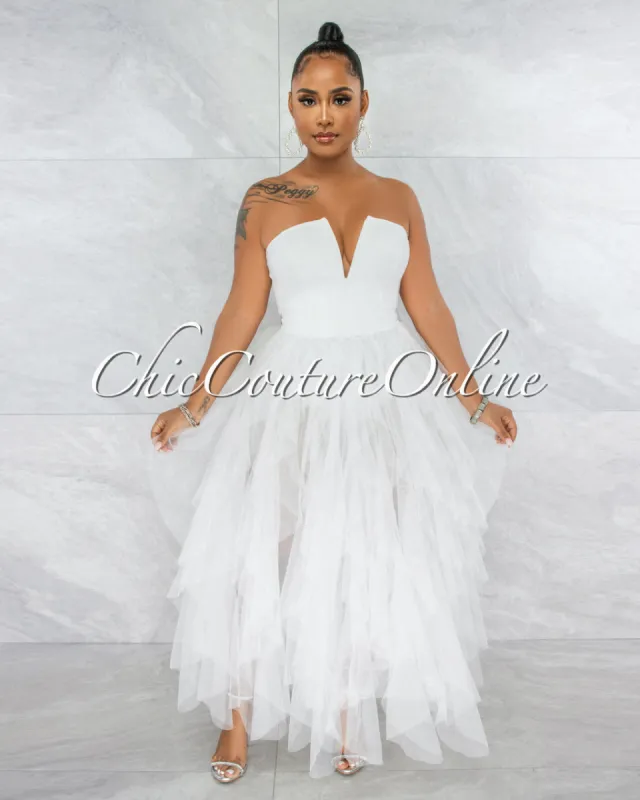 *Odalys Off-White Strapless Tulle Ruffle Bodysuit Dress sold by Chic Couture