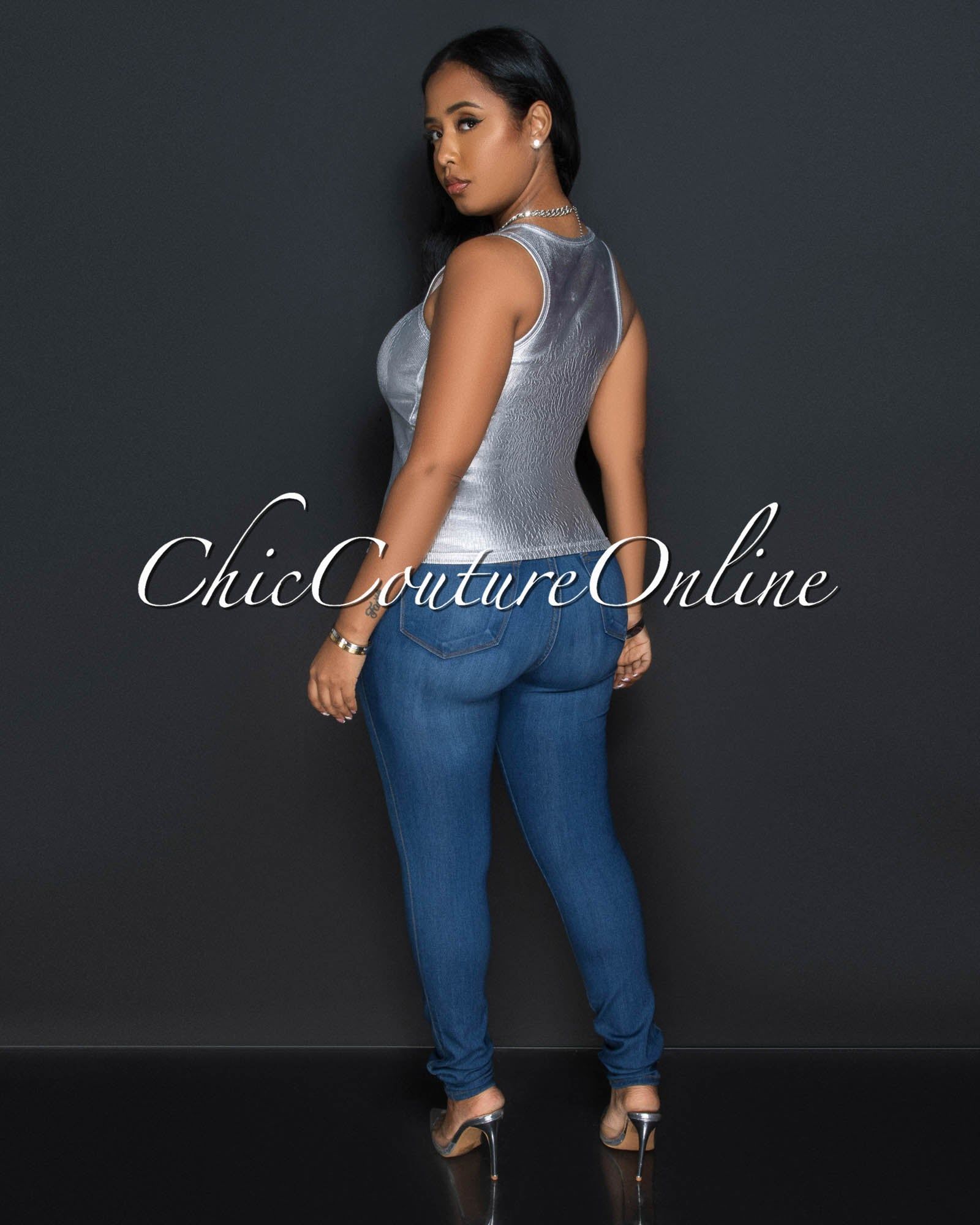 Salvador Silver Foil Ribbed Tank Top sold by Chic Couture product image thumbnail 3
