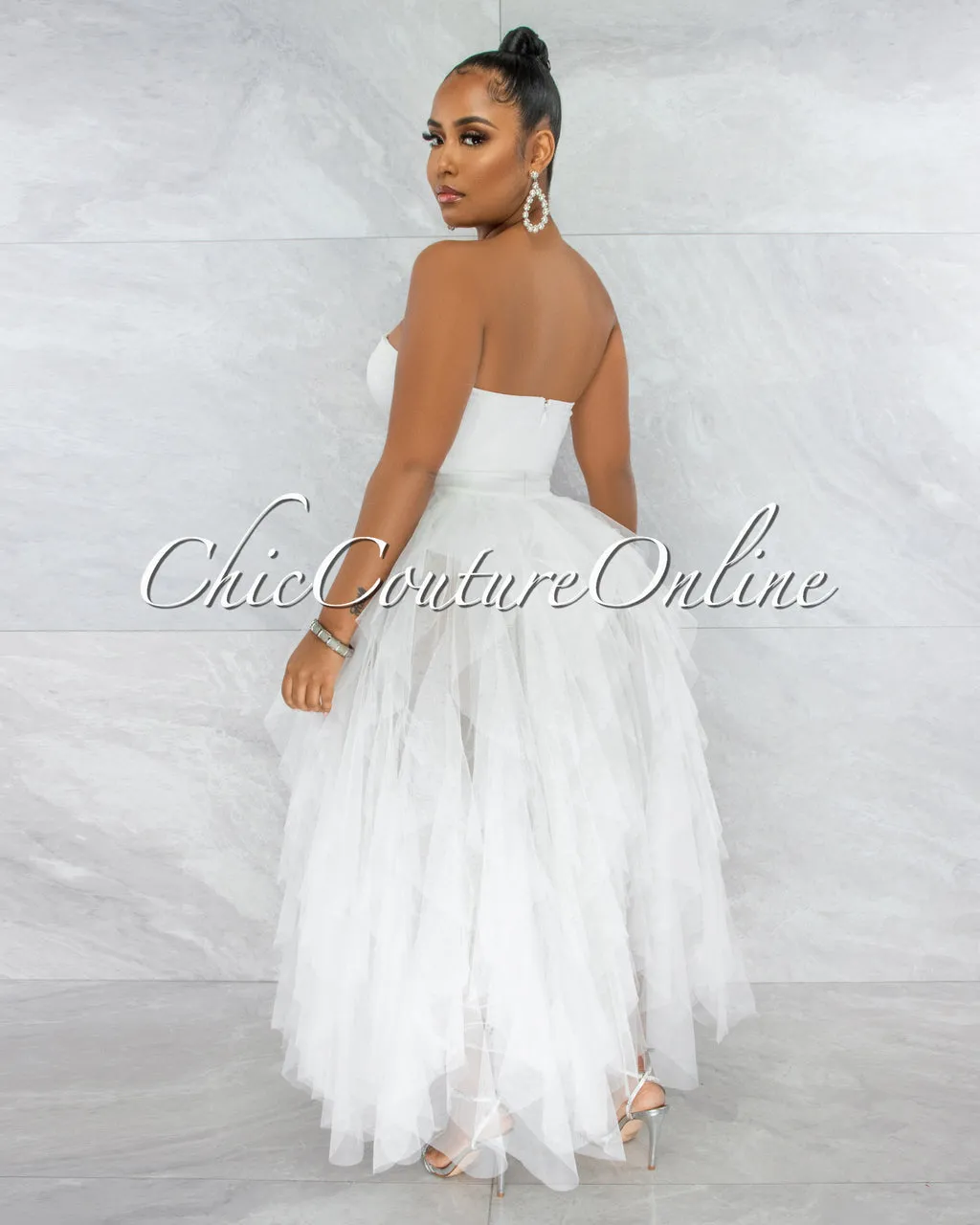 *Odalys Off-White Strapless Tulle Ruffle Bodysuit Dress sold by Chic Couture product image thumbnail 3