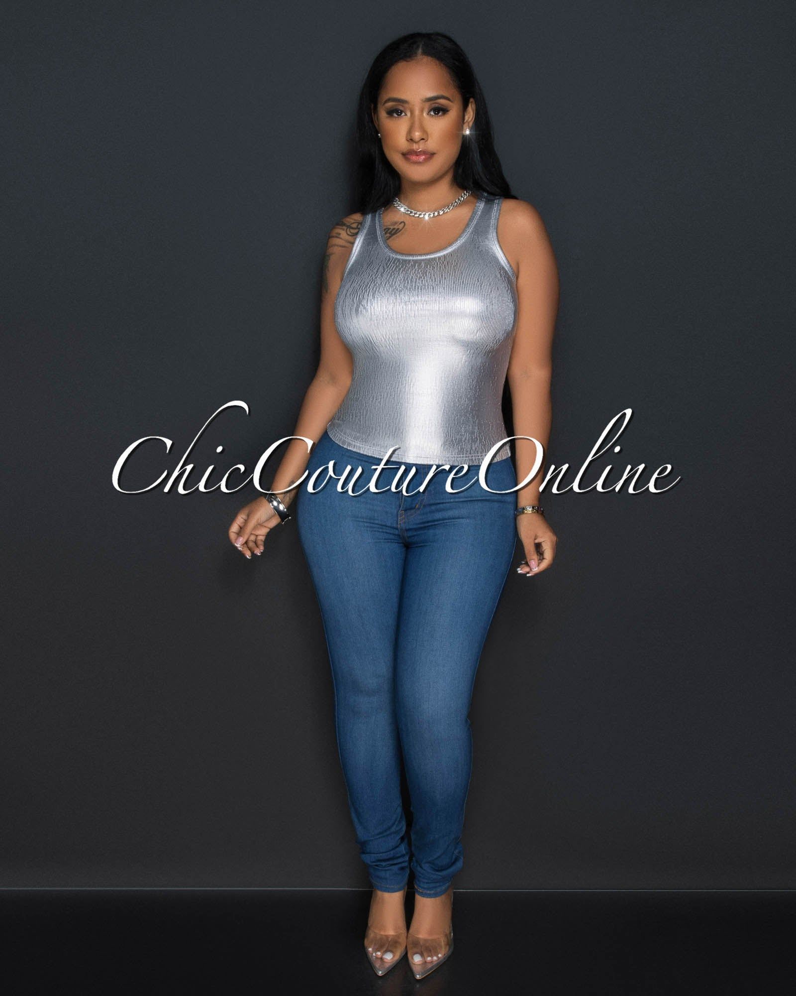 Salvador Silver Foil Ribbed Tank Top sold by Chic Couture product image thumbnail 2