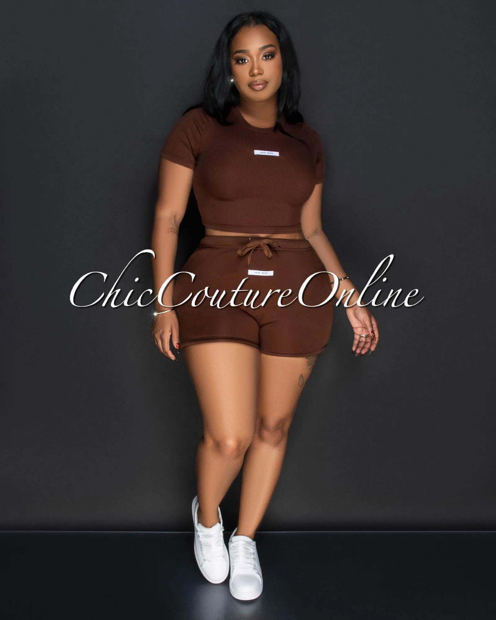 Monola Brown Ribbed Crop Top & Shorts Set sold by Chic Couture
