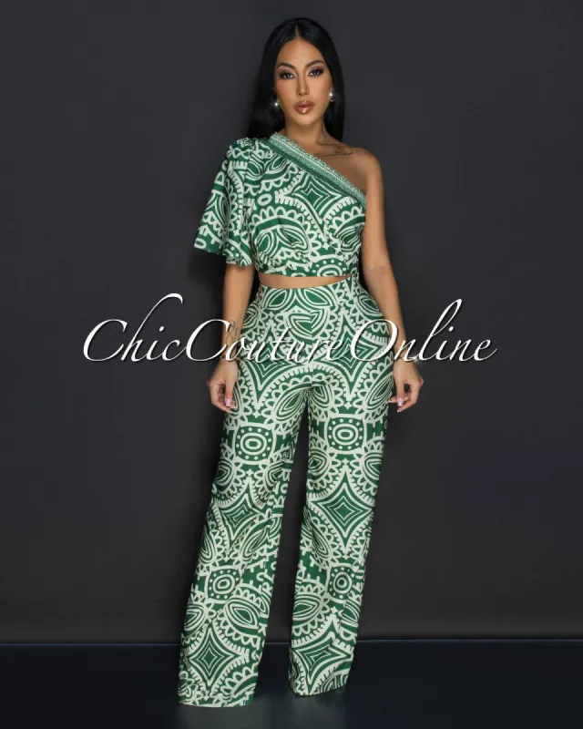Odana Green Beige Single Shoulder Top & Pants Set sold by Chic Couture