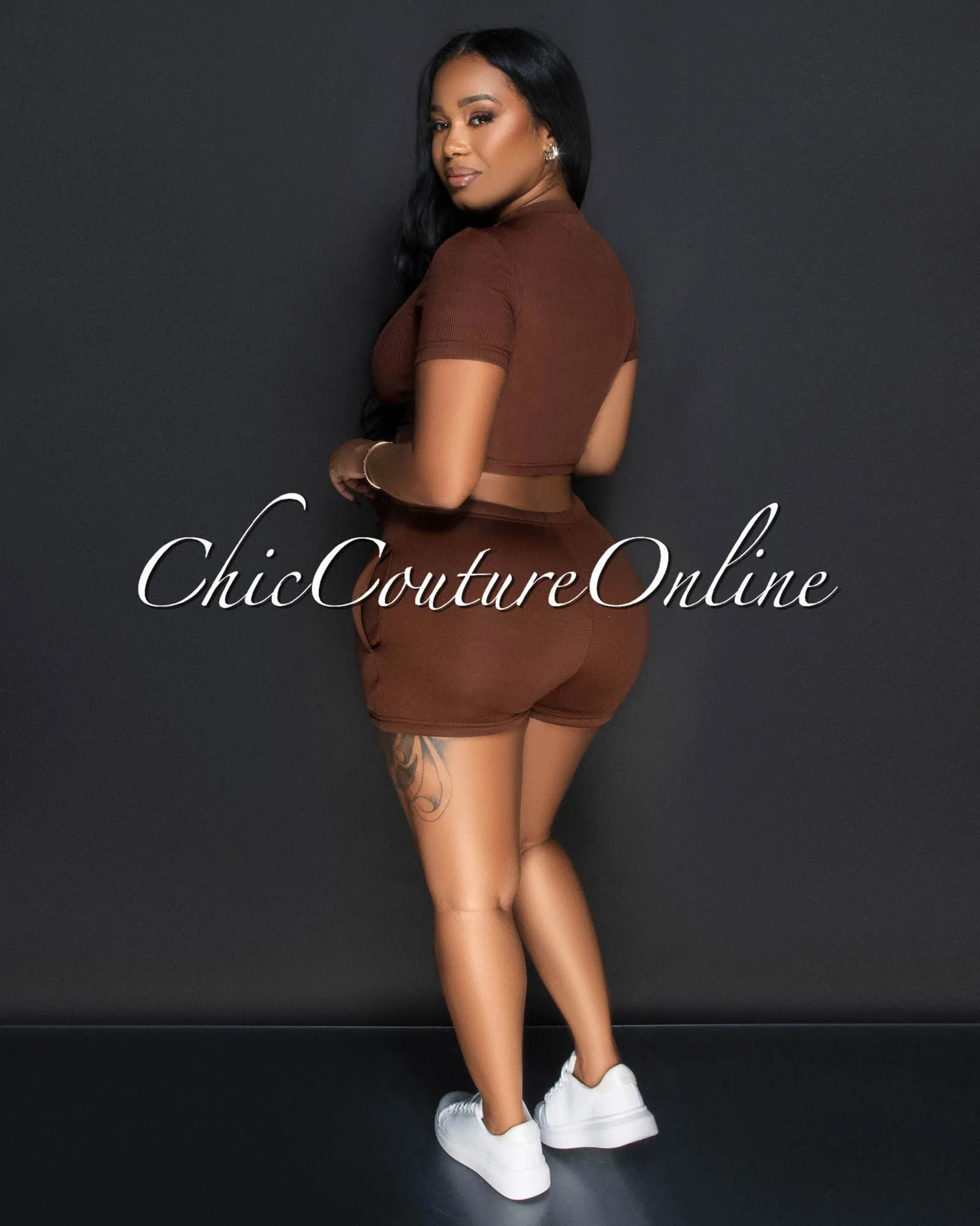 Monola Brown Ribbed Crop Top & Shorts Set sold by Chic Couture product image thumbnail 2