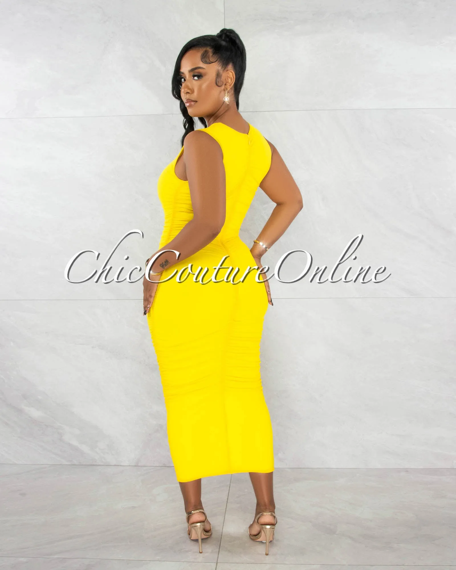 Canace Yellow Mesh Ruched Midi Dress sold by Chic Couture product image thumbnail 3