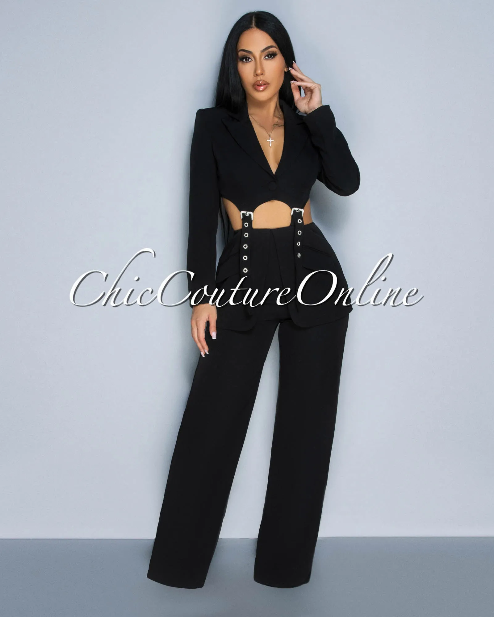 *Wendy Black Crop Blazer Top & Ruffle Pants Set sold by Chic Couture