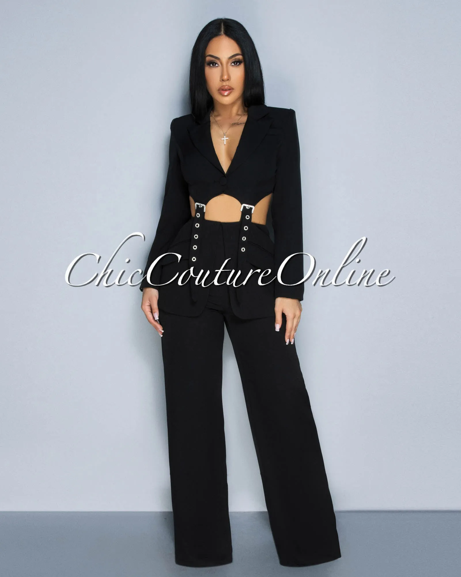 *Wendy Black Crop Blazer Top & Ruffle Pants Set sold by Chic Couture product image thumbnail 3
