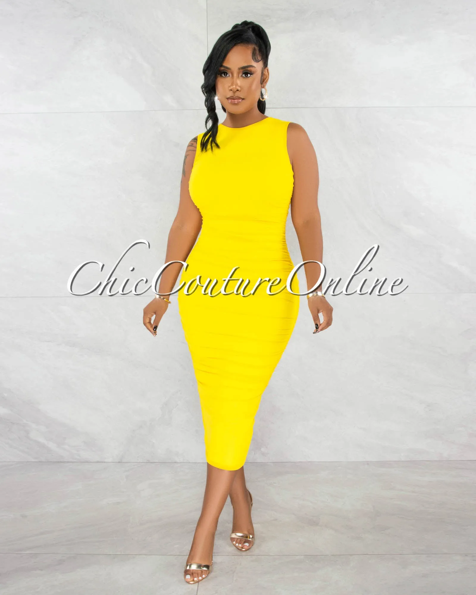 Canace Yellow Mesh Ruched Midi Dress sold by Chic Couture