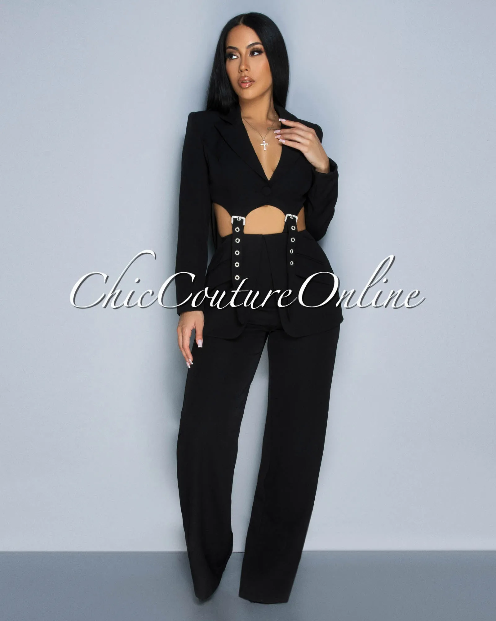 *Wendy Black Crop Blazer Top & Ruffle Pants Set sold by Chic Couture product image thumbnail 2
