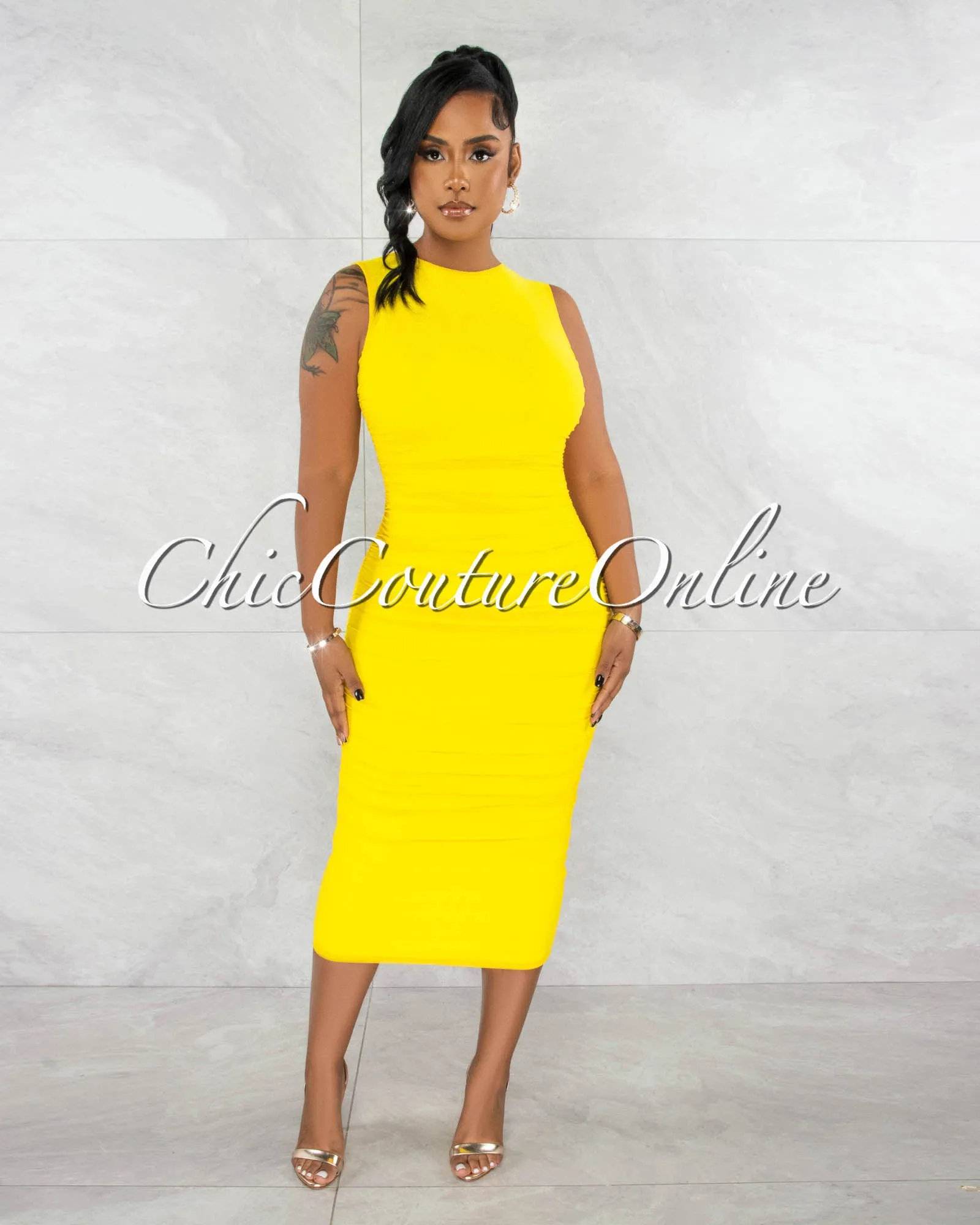 Canace Yellow Mesh Ruched Midi Dress sold by Chic Couture product image thumbnail 2