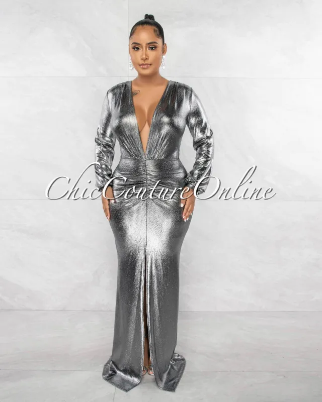*Giacomo Black Silver Sequins Front Drape & Slit Maxi Dress sold by Chic Couture