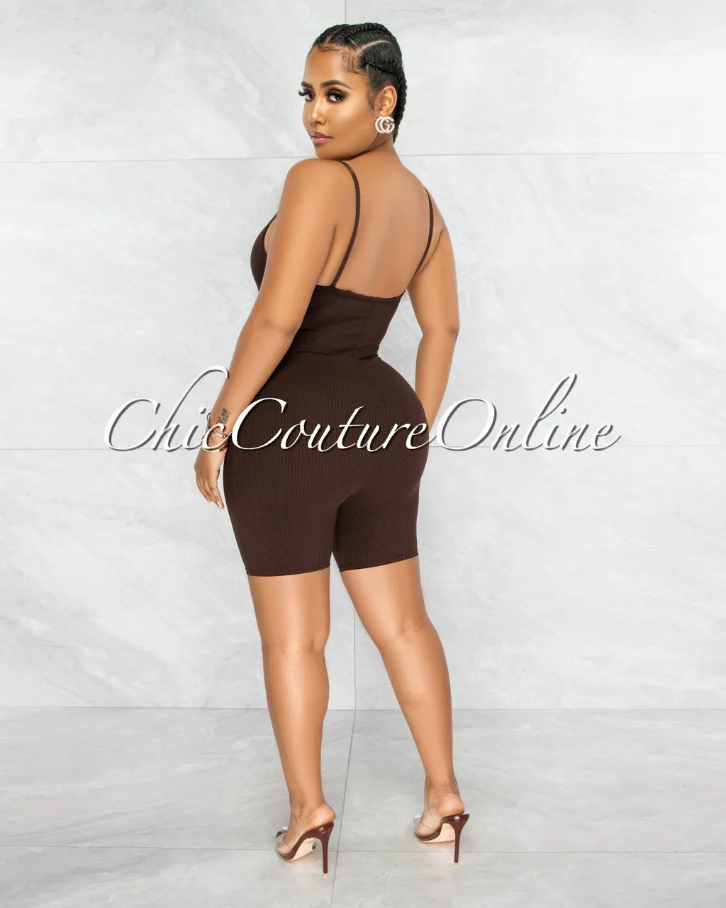 *Jerram Brown Ribbed Front Zipper Romper sold by Chic Couture product image thumbnail 3