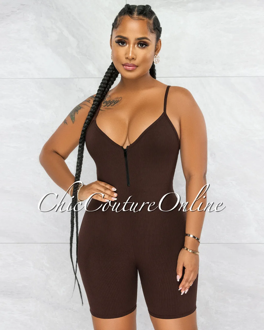 *Jerram Brown Ribbed Front Zipper Romper sold by Chic Couture