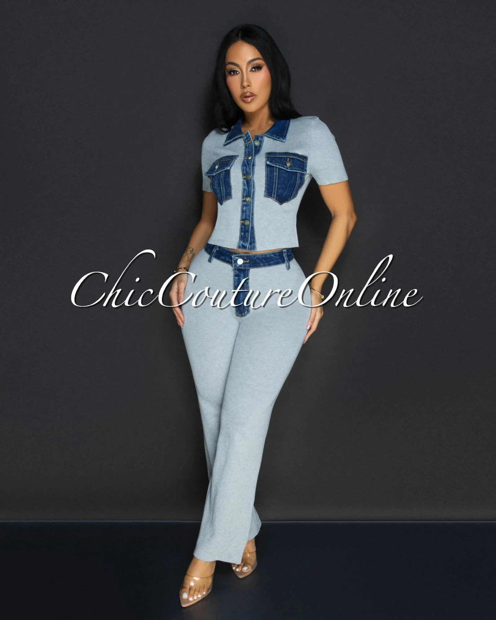 Kylar Grey Denim Top & Pants Knit Set sold by Chic Couture product image thumbnail 3
