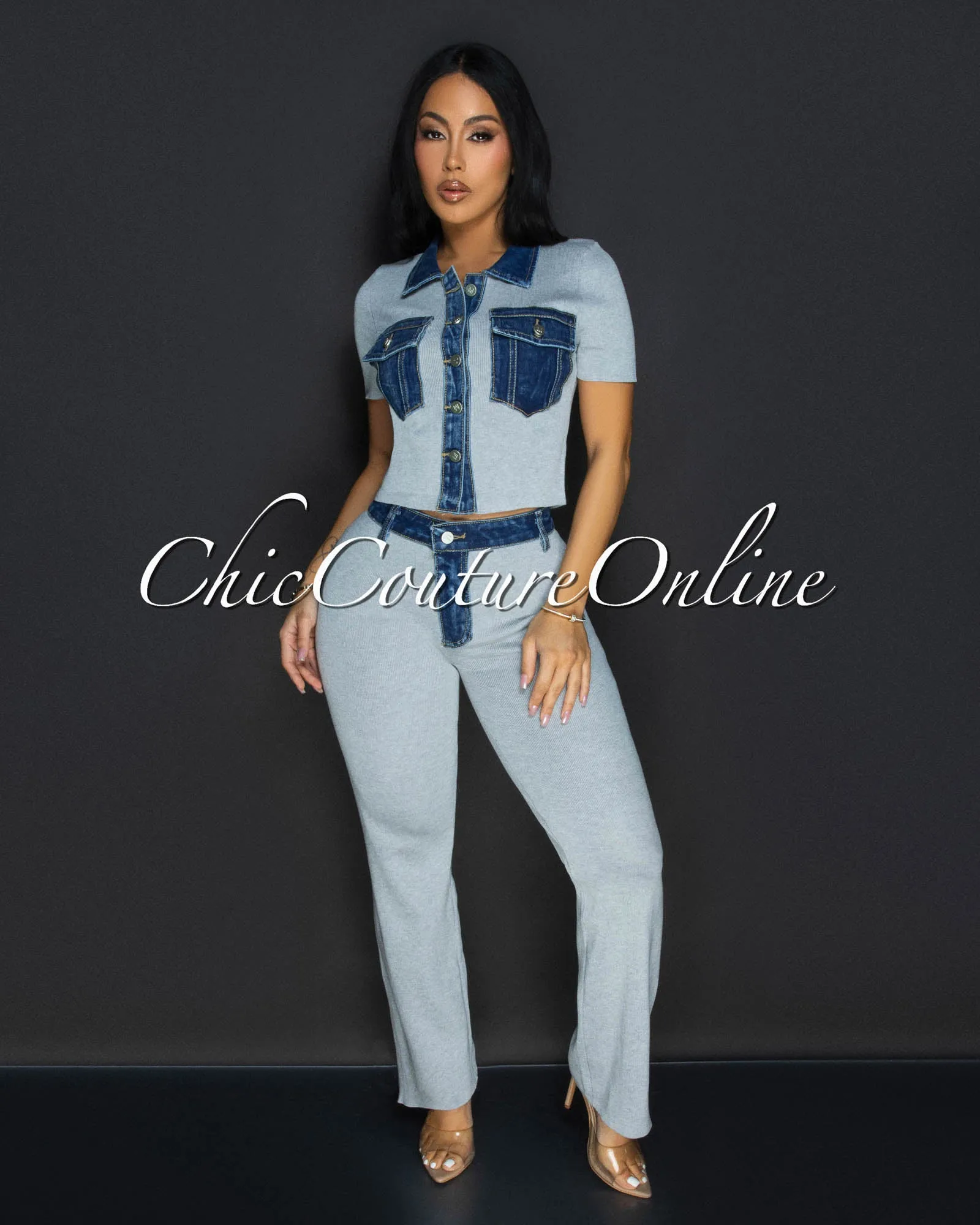 Kylar Grey Denim Top & Pants Knit Set sold by Chic Couture product image thumbnail 2