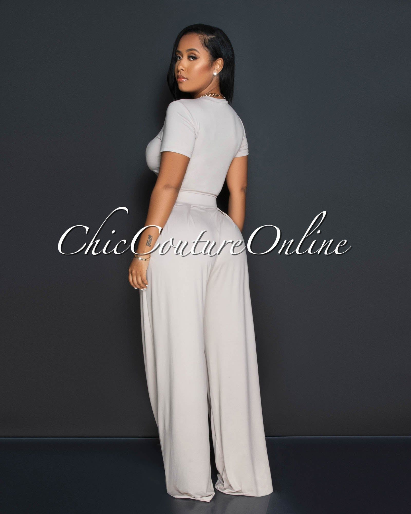 Rossy Taupe Crop Top & Wide Leg Pants Set sold by Chic Couture product image thumbnail 3