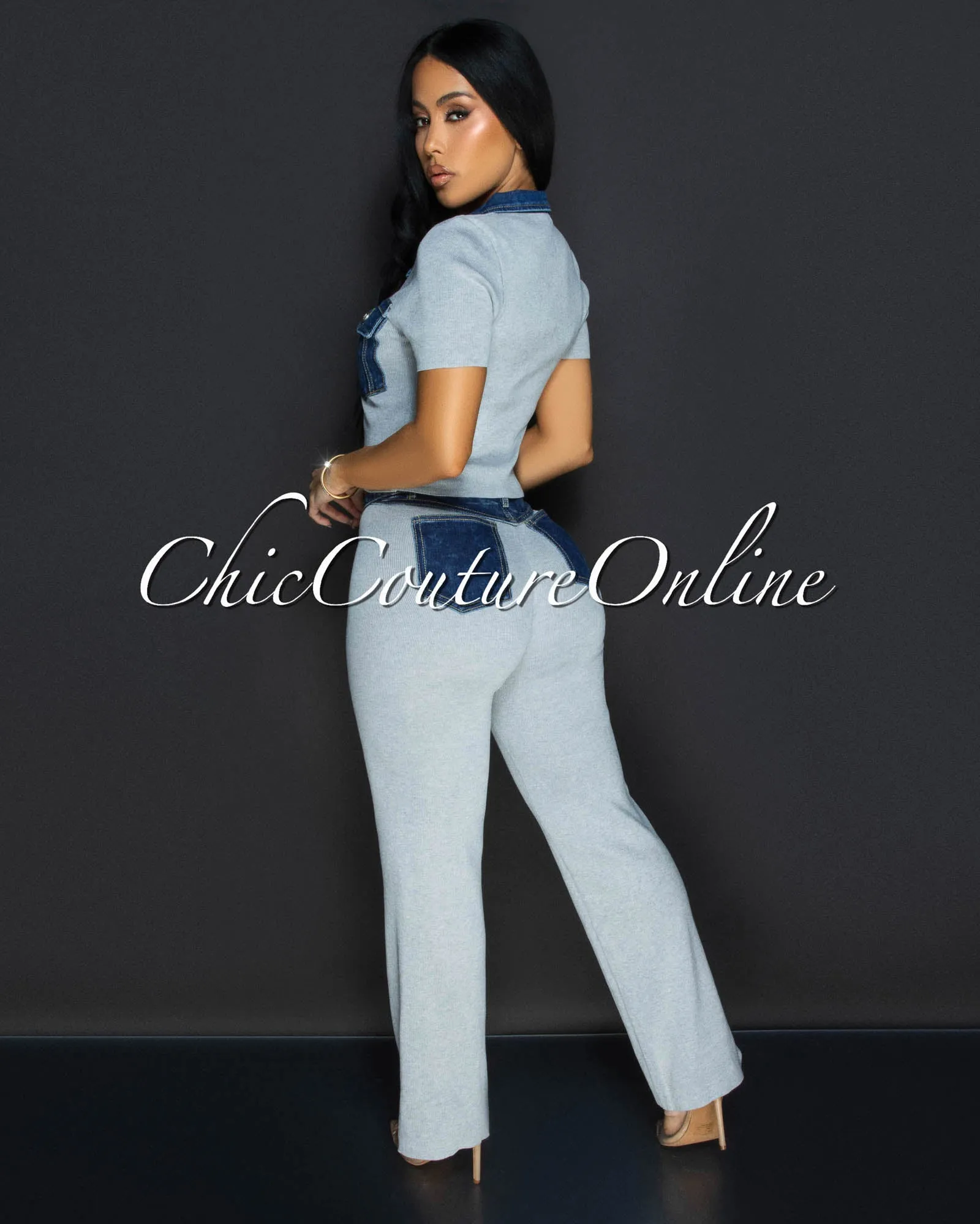 Kylar Grey Denim Top & Pants Knit Set sold by Chic Couture product image thumbnail 4