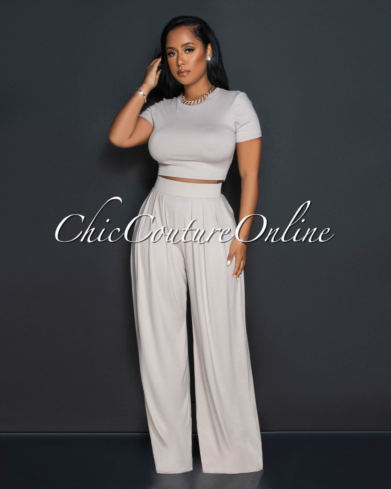 Rossy Taupe Crop Top & Wide Leg Pants Set sold by Chic Couture product image thumbnail 2