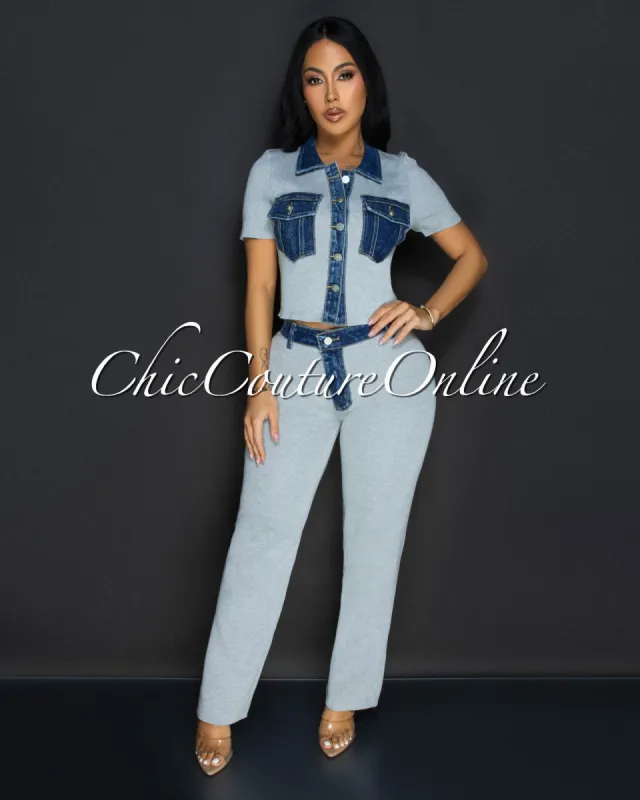 Kylar Grey Denim Top & Pants Knit Set sold by Chic Couture
