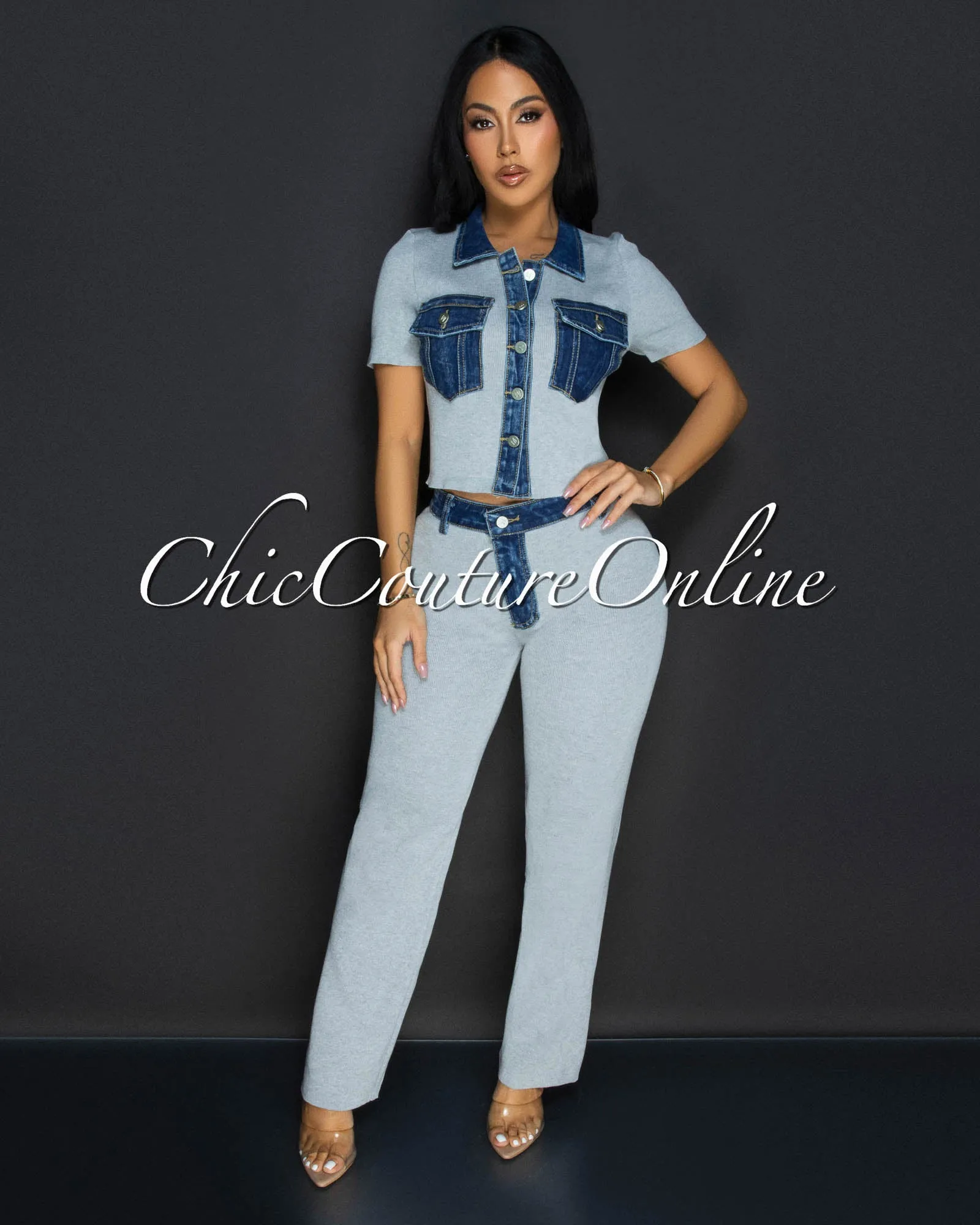 Kylar Grey Denim Top & Pants Knit Set sold by Chic Couture
