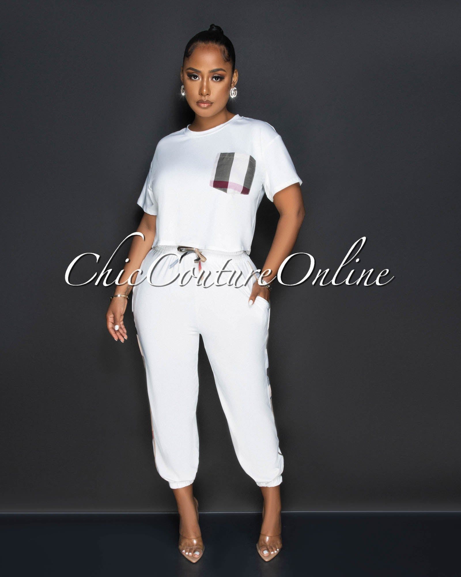 Labbie White Nude Plaid Accent Jogger Set sold by Chic Couture product image thumbnail 2